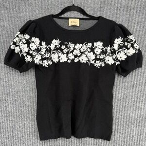 Elie Tahari sweater top women's size S black floral puff sleeve knit